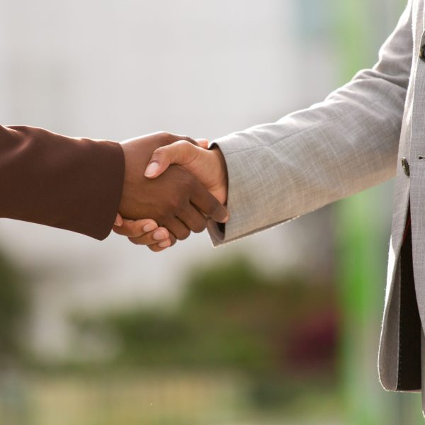 Successful business partners closing deal. Closeup of multiethnic businesspeople shaking hands Handshake concept